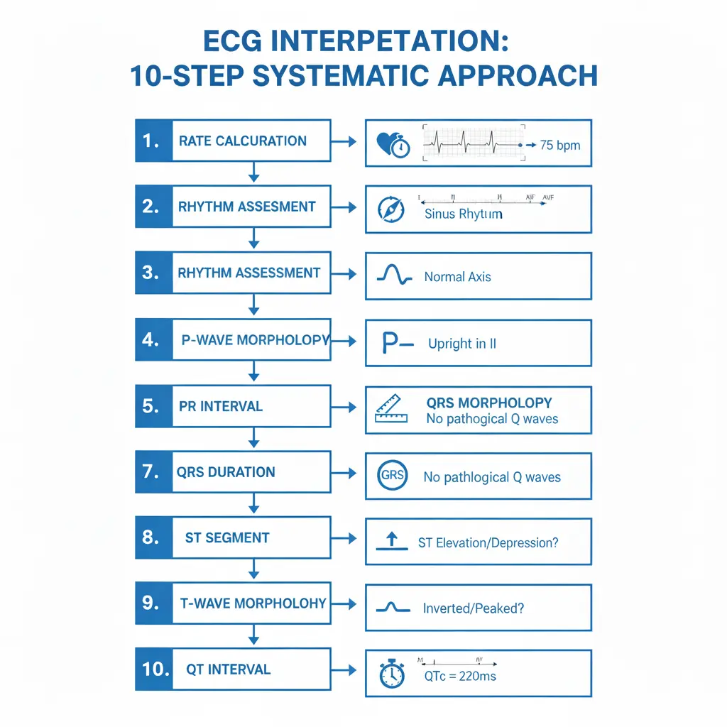 Professional medical infographic flowchart illustrating the 10-step systematic approach to ECG interpretation, including numbered steps for rate calculation, rhythm assessment, axis determination with ECG trace examples. Modern blue and white design. Cardiology, medical education, ECG analysis