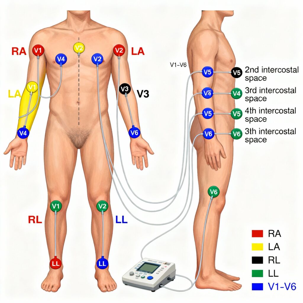 Color-coded anatomical diagram of correct 12-lead ECG electrode placement on human torso, showing RA, LA, RL, LL limb leads and V1-V6 precordial leads with labeled intercostal spaces, anterior and lateral views. ECG education, medical anatomy, cardiology."